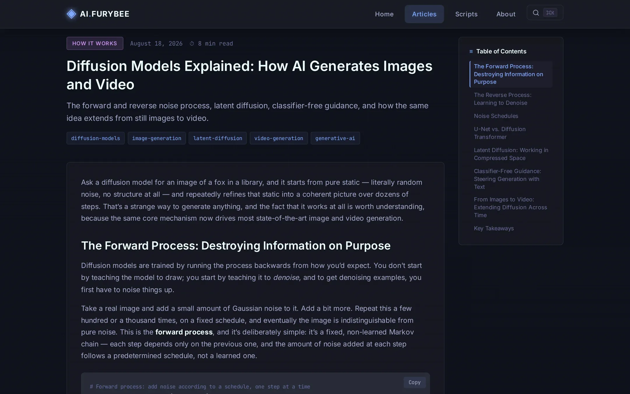 An AI.FuryBee article about diffusion models with its table of contents