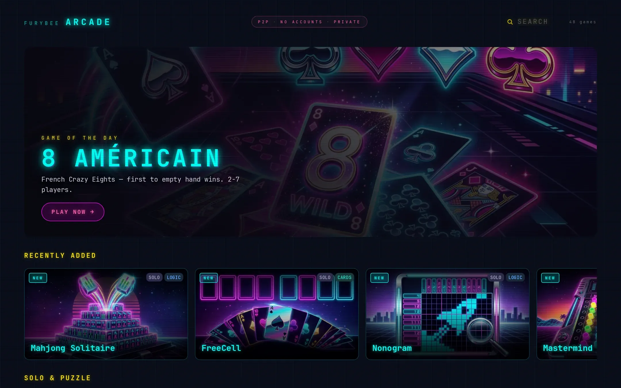 FuryBee Arcade home page with the game of the day and recently added games