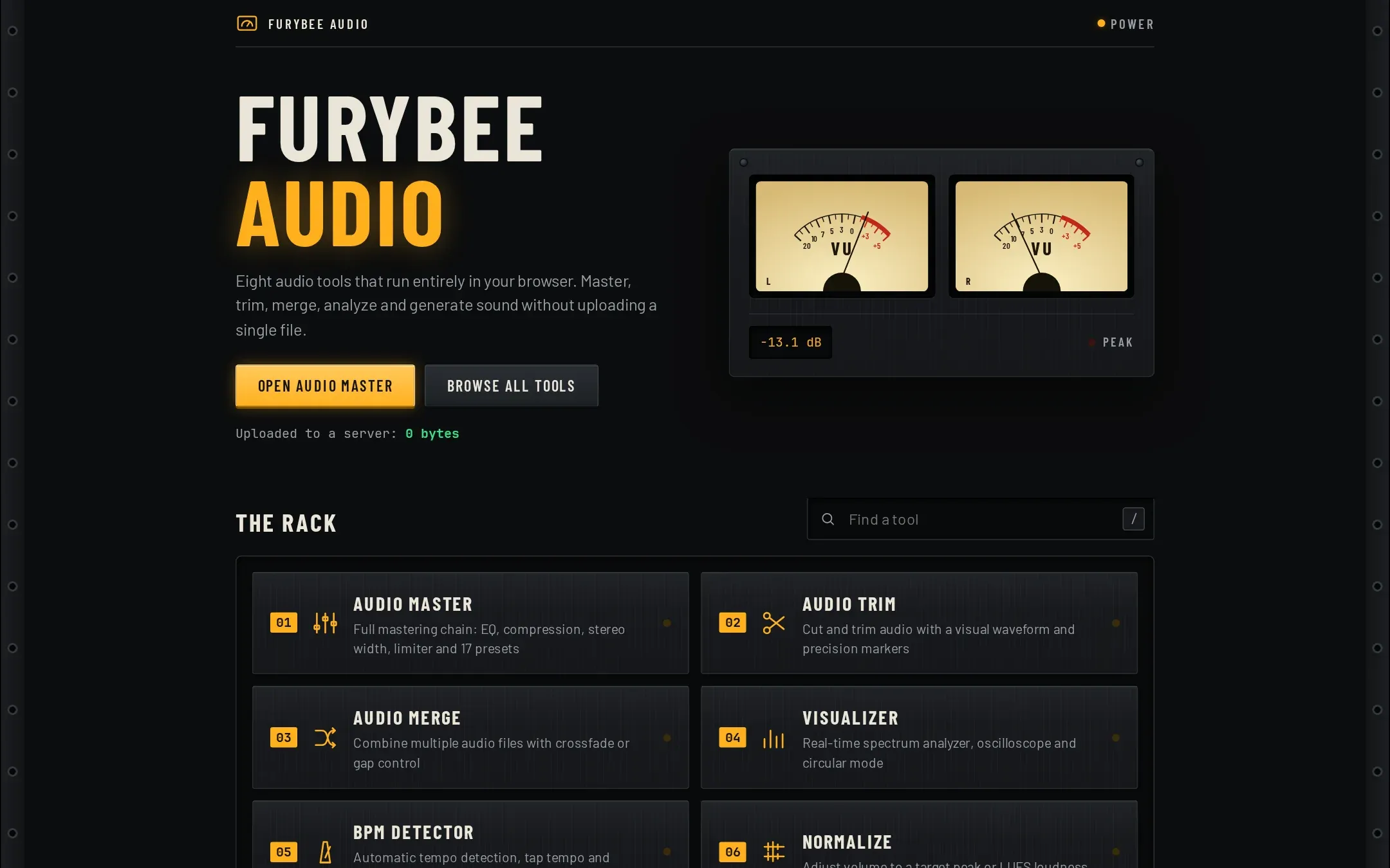 FuryBee Audio Tools home page with VU meters and the tool rack