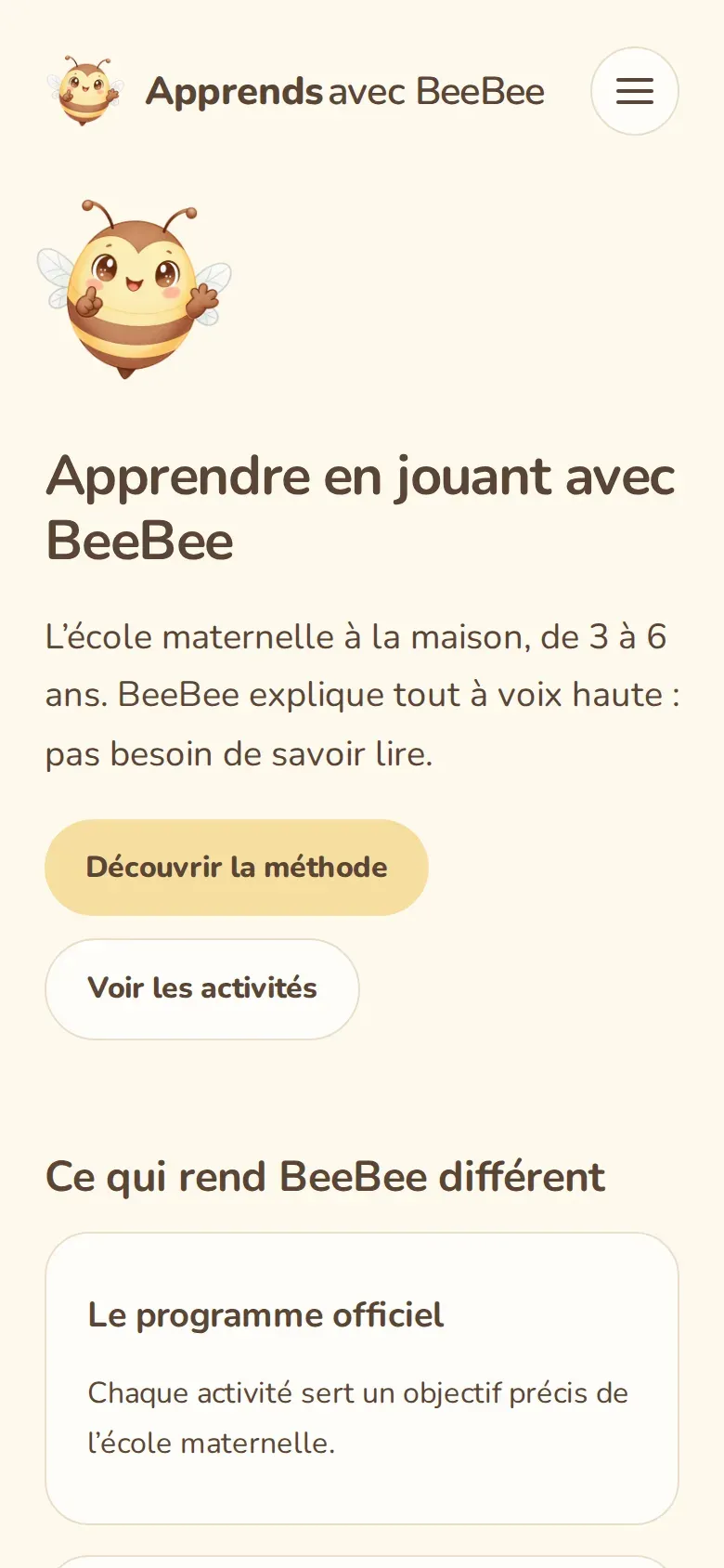 Apprends avec BeeBee home page in French with BeeBee the bee
