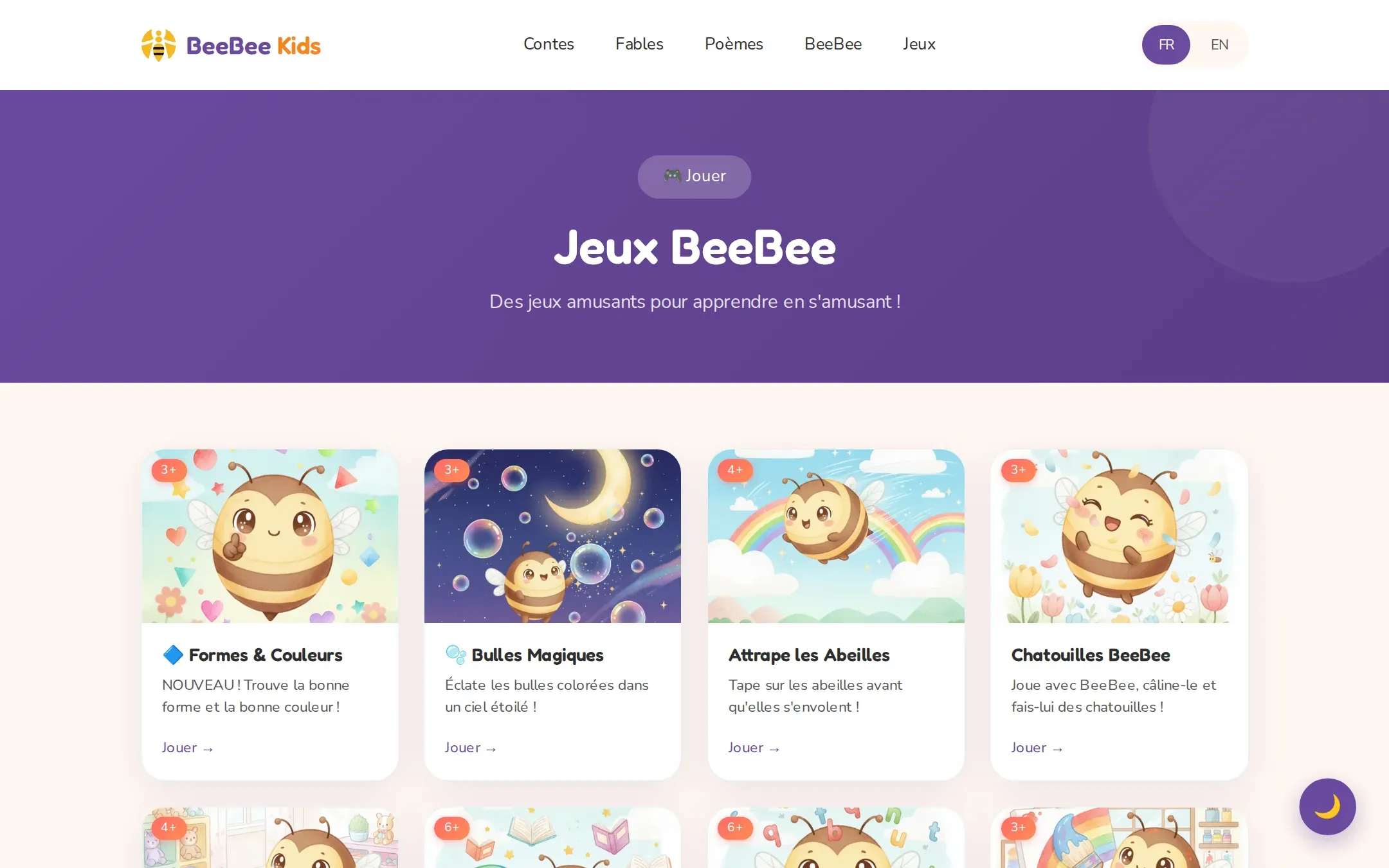 The BeeBee Kids games page with illustrated game cards