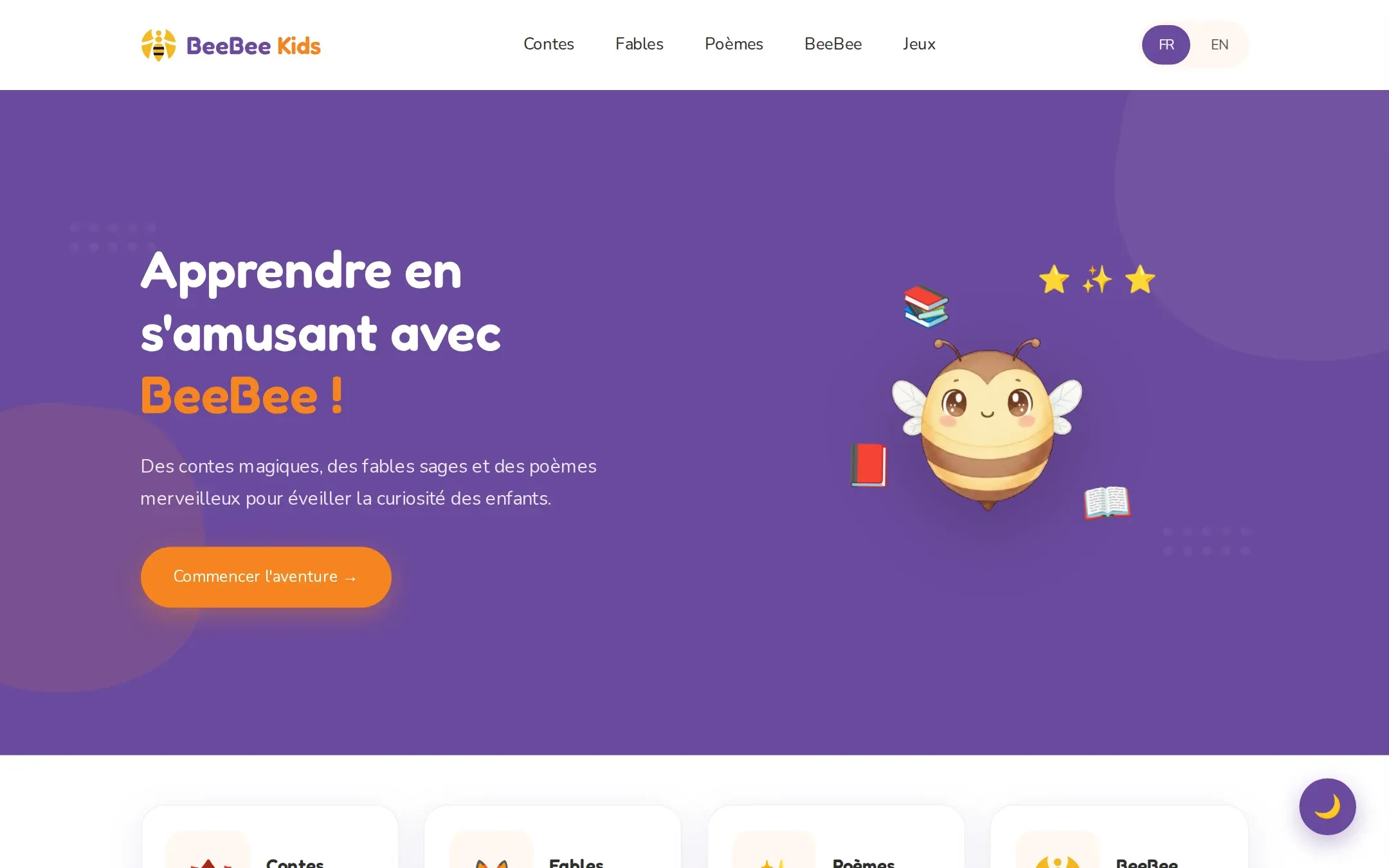 BeeBee Kids home page in French with BeeBee the bee