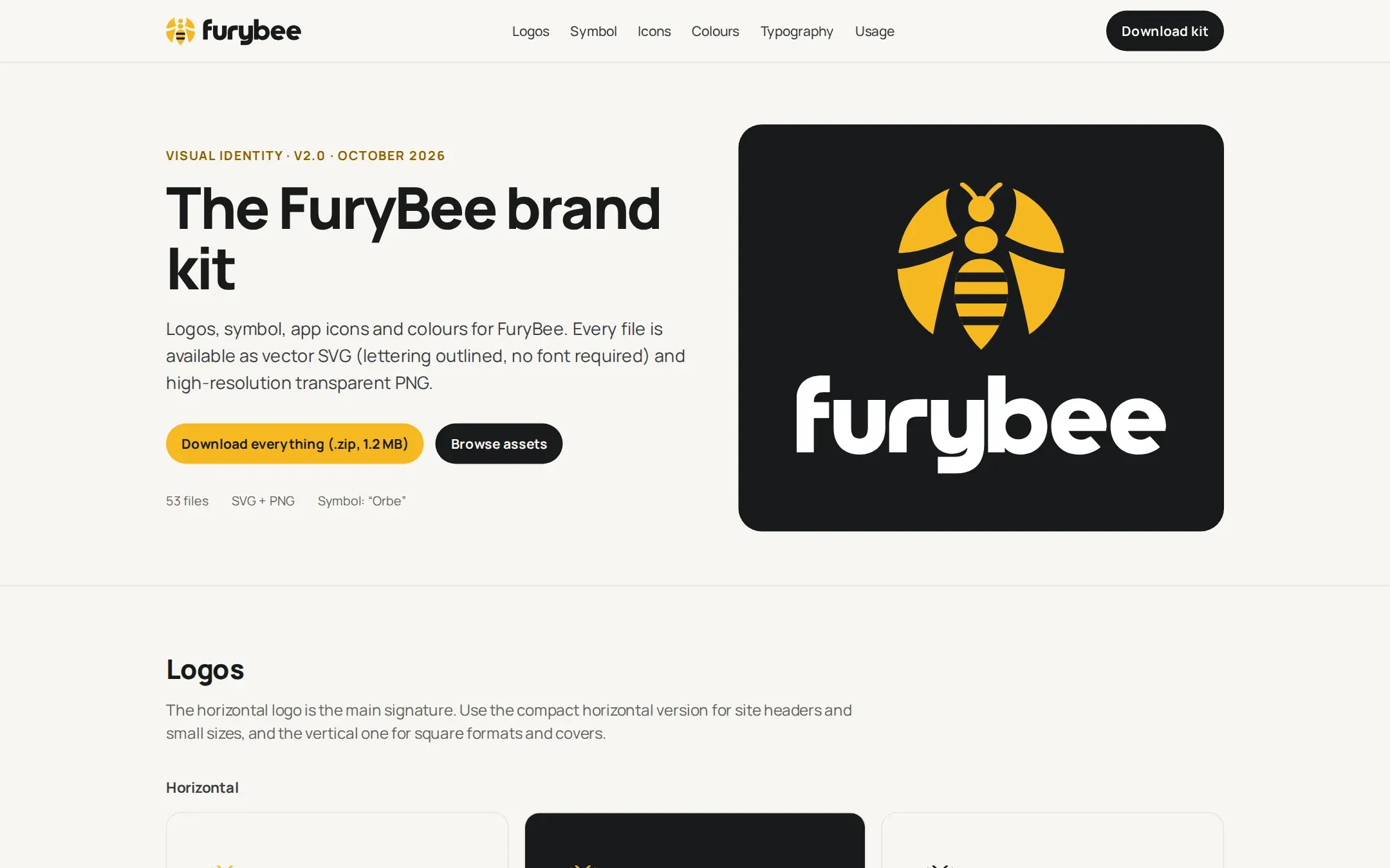 The FuryBee brand kit page with the Orbe logo on black