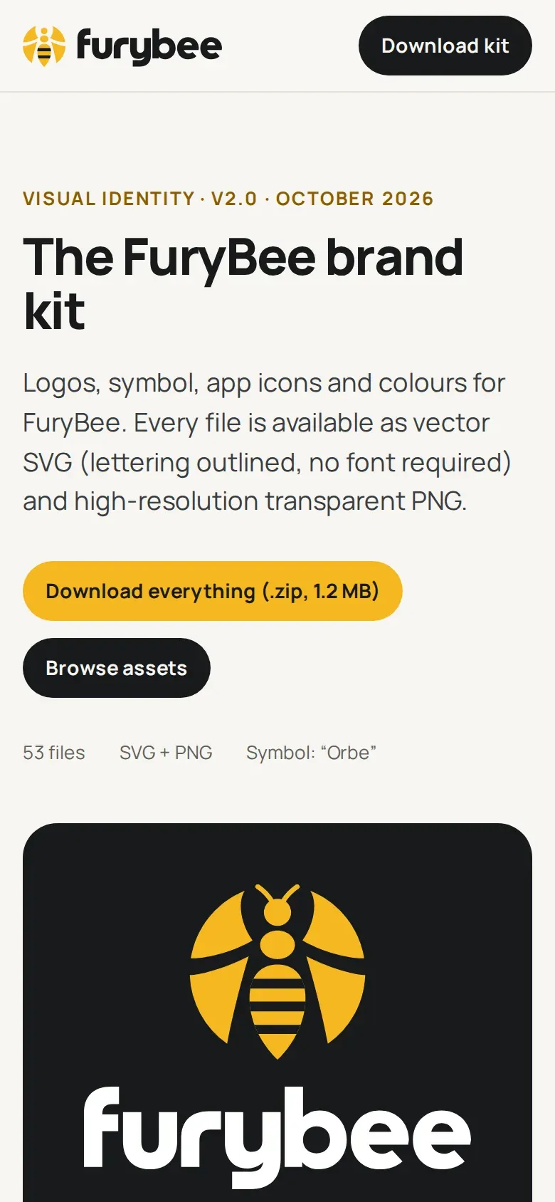 The FuryBee brand kit page with the Orbe logo on black