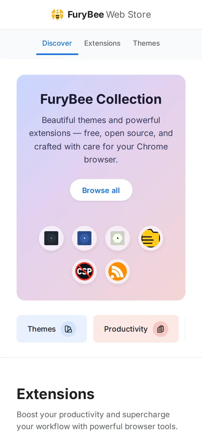FuryBee Web Store page listing Chrome themes and extensions