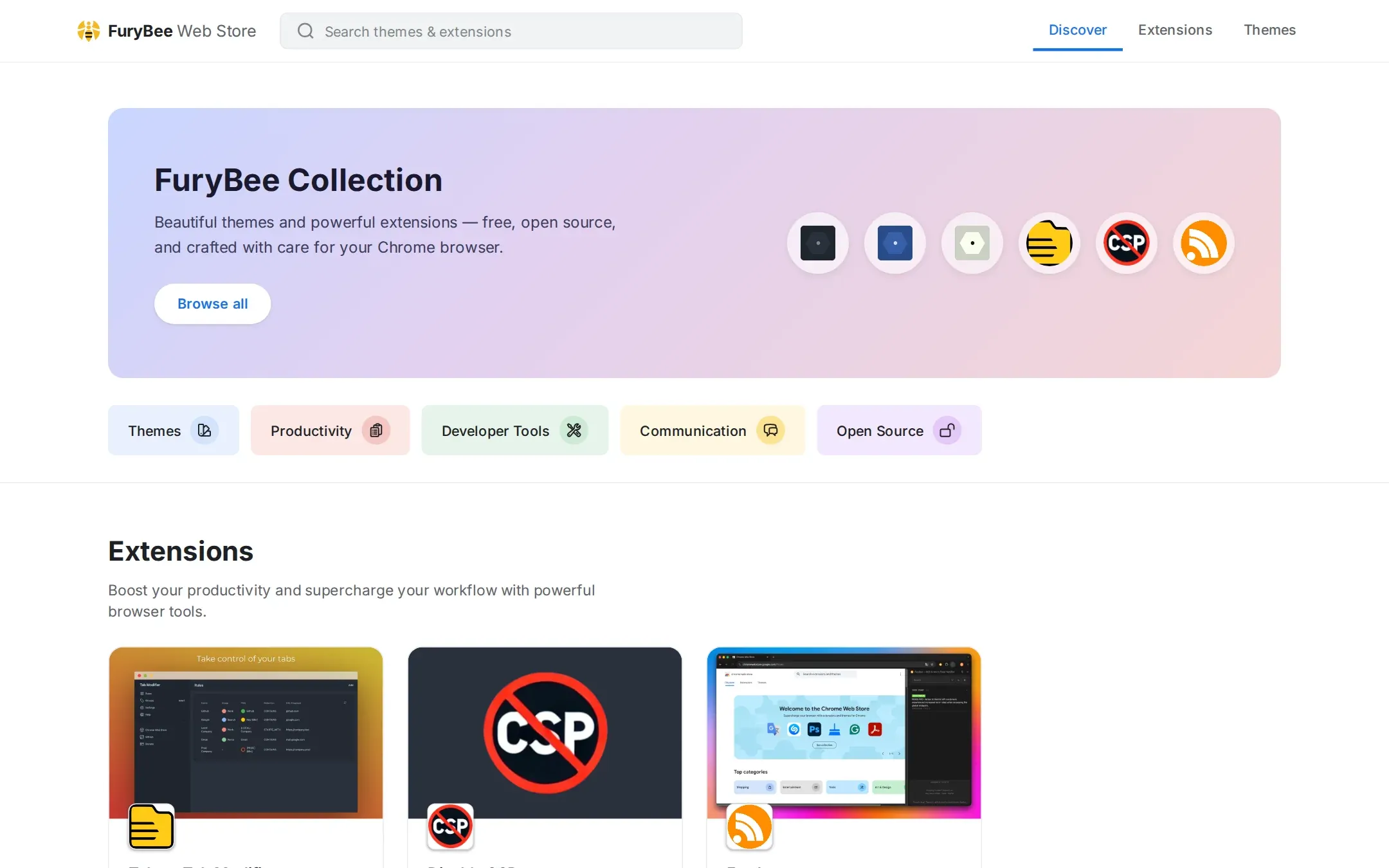 FuryBee Web Store page listing Chrome themes and extensions