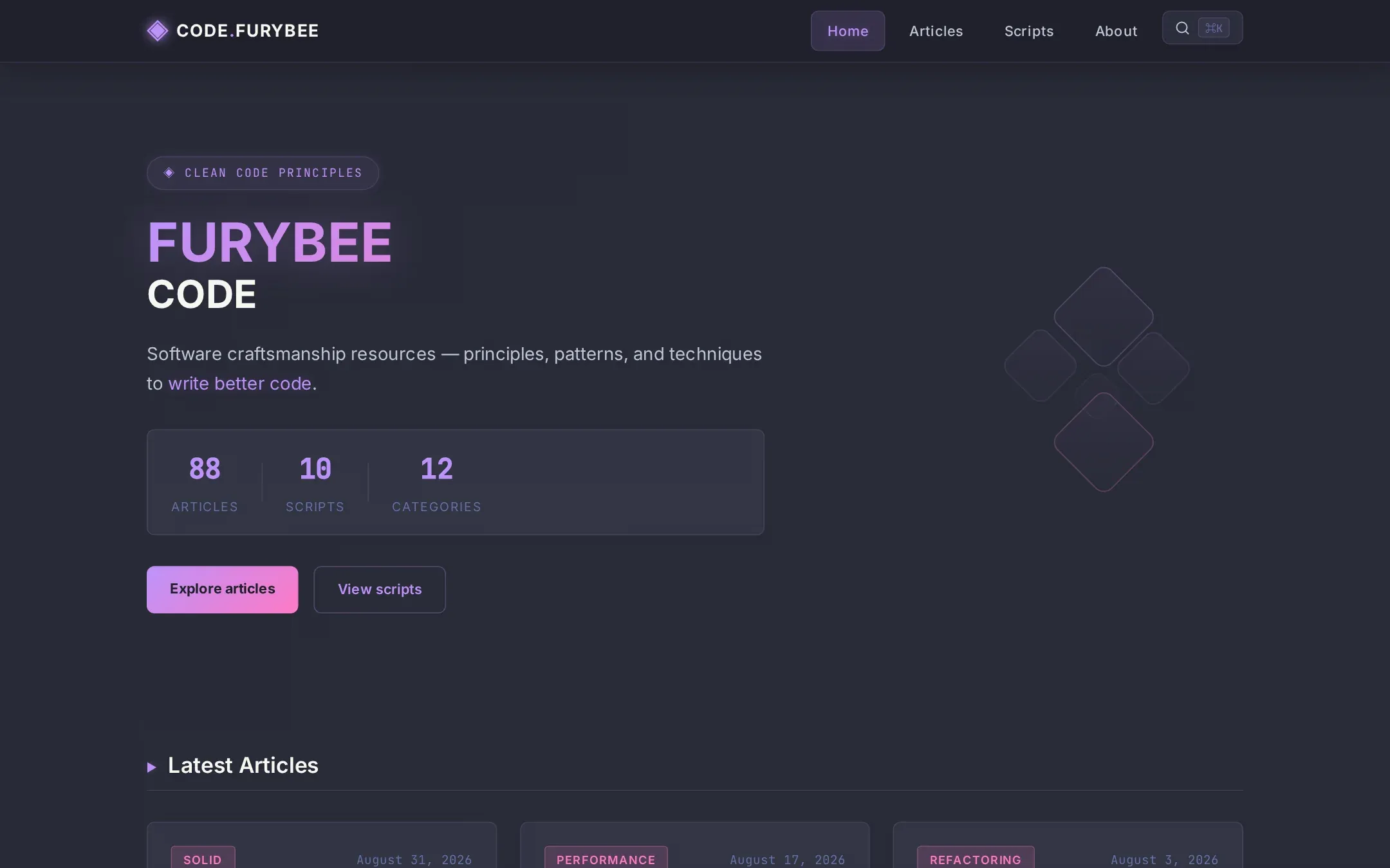 Code.FuryBee home page with article and script counts