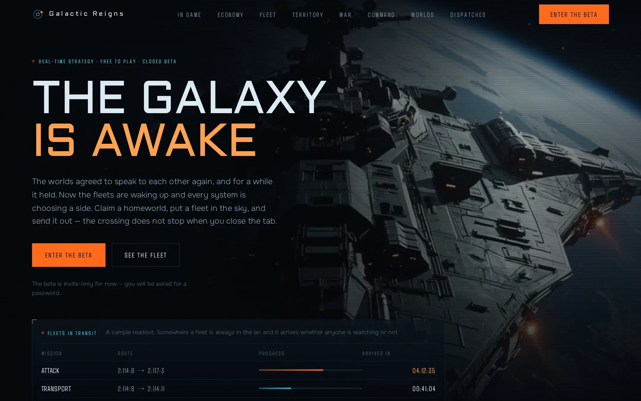 Galactic Reigns home page: "The galaxy is awake" over a starship