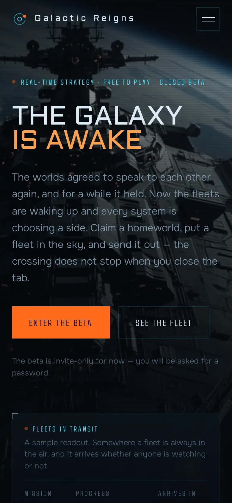 Galactic Reigns home page: "The galaxy is awake" over a starship