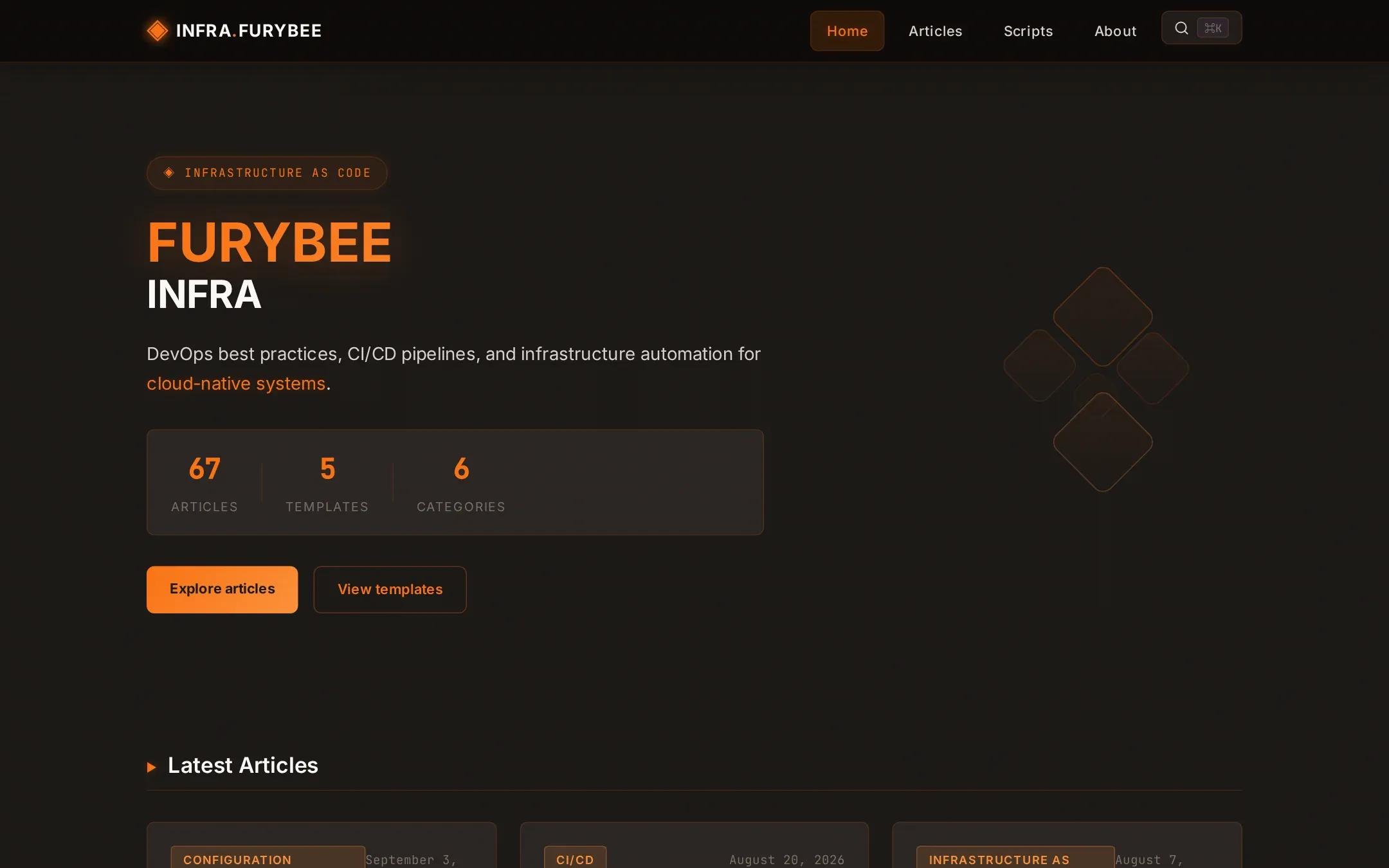 Infra.FuryBee home page with article and template counts