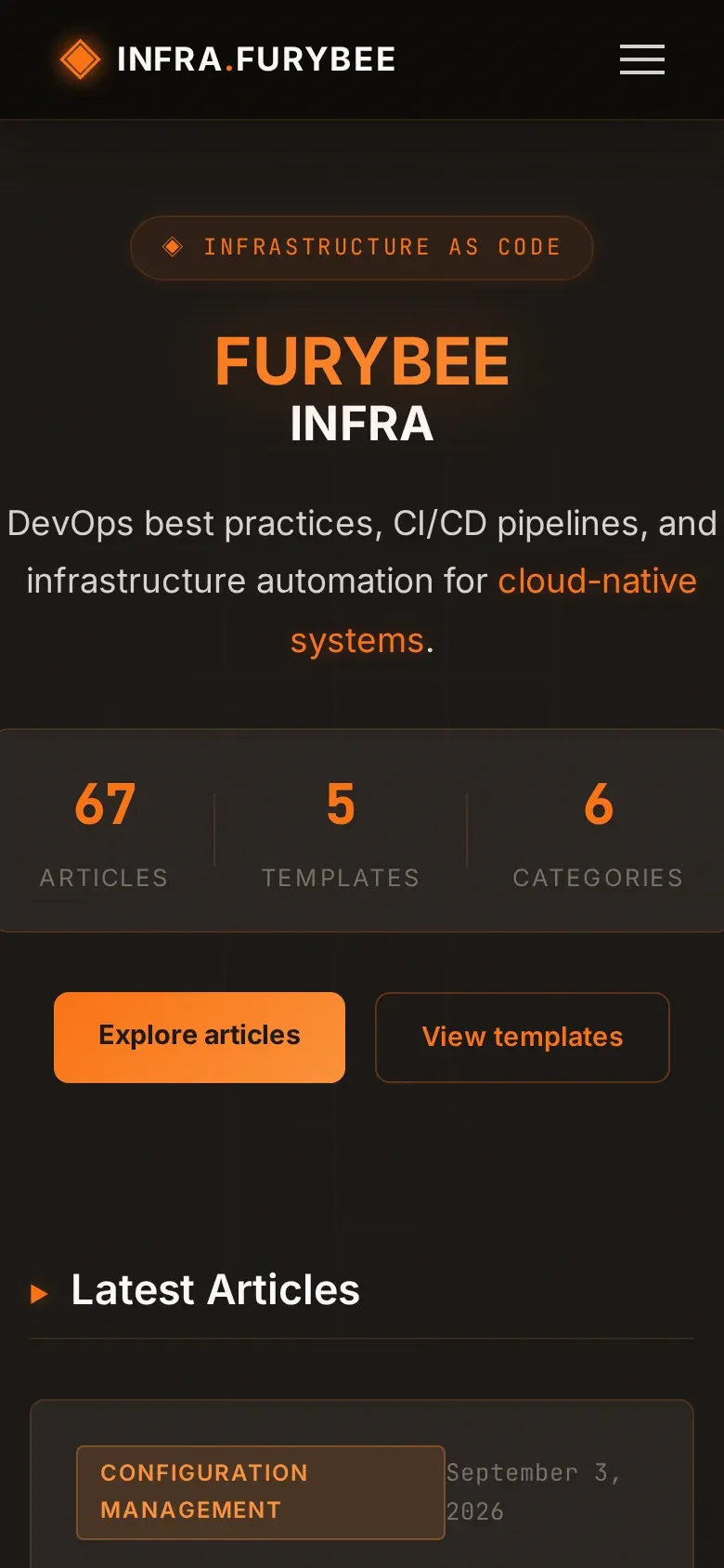 Infra.FuryBee home page with article and template counts