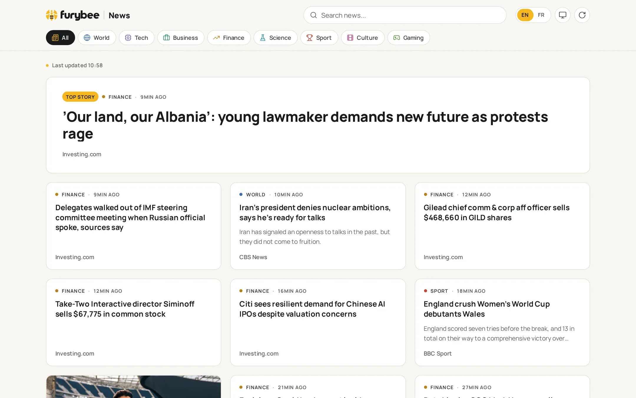 FuryBee News in its light theme