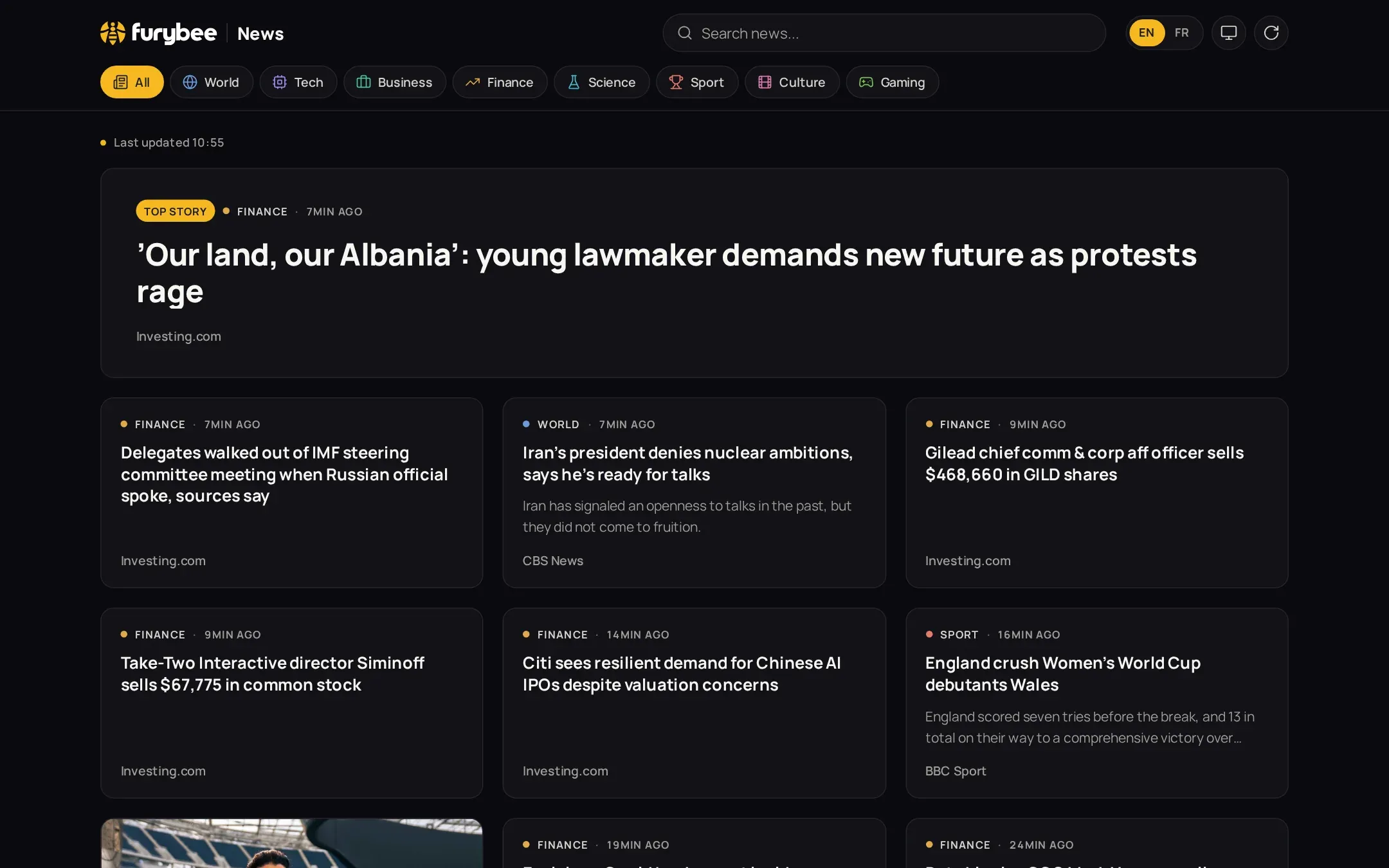 FuryBee News front page with category filters and headline cards