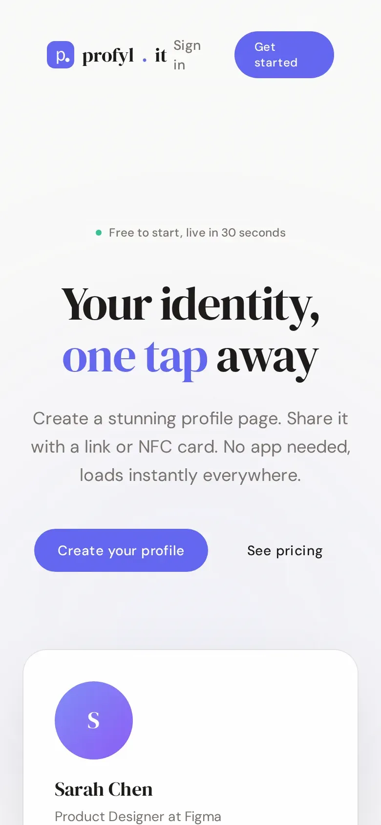 profyl.it home page: "Your identity, one tap away" above a sample profile card