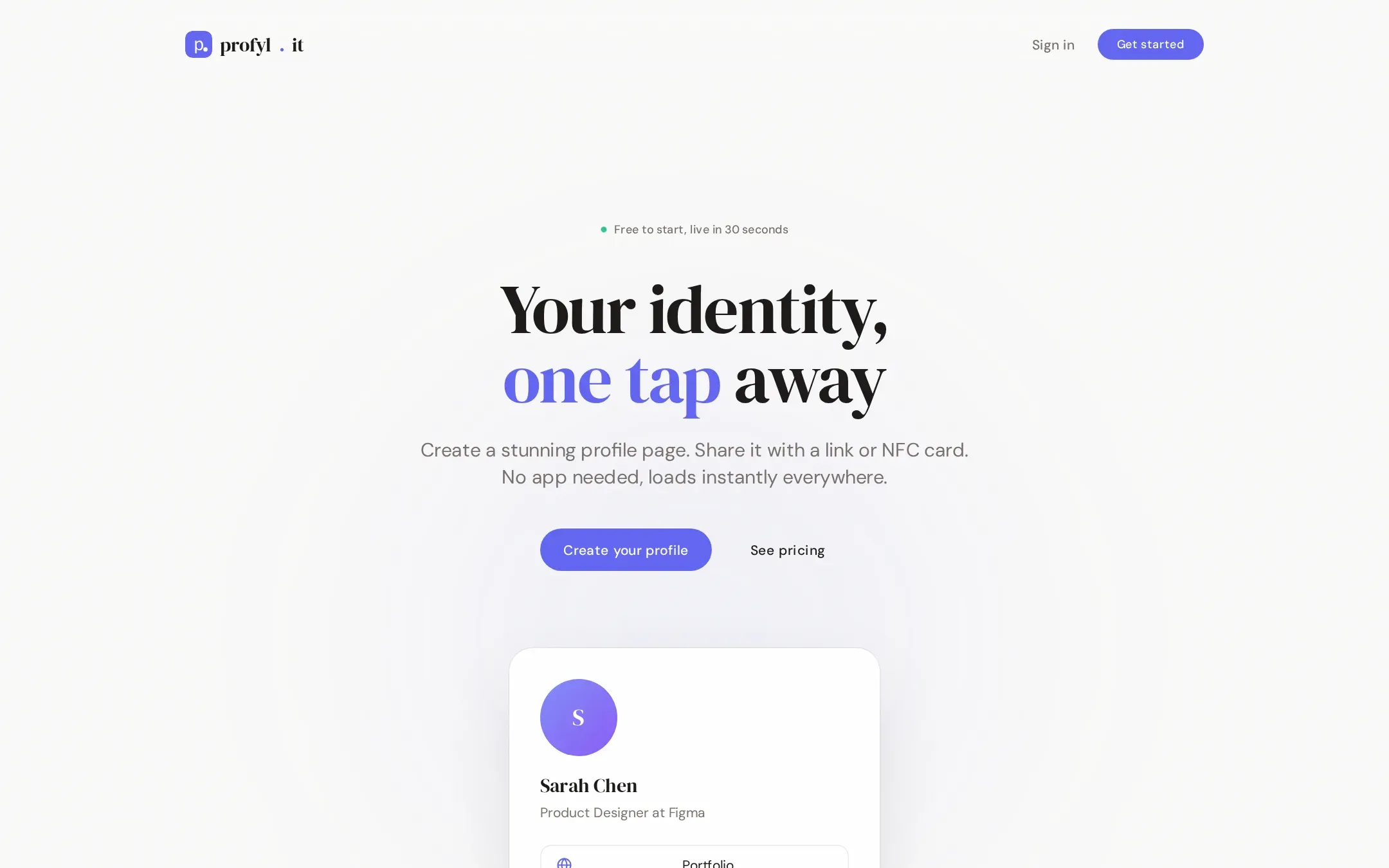profyl.it home page: "Your identity, one tap away" above a sample profile card