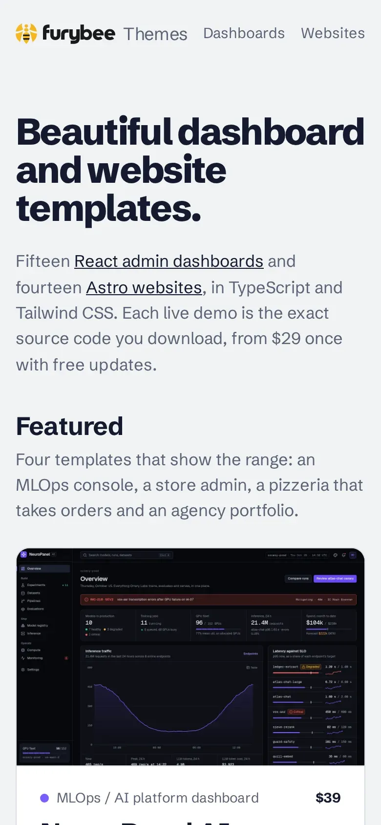 FuryBee Themes home page with a live dashboard preview