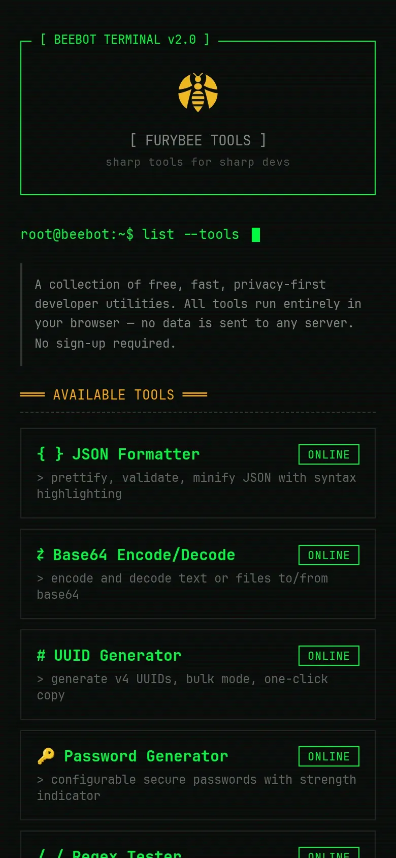 FuryBee Tools home page styled as a terminal listing the available tools