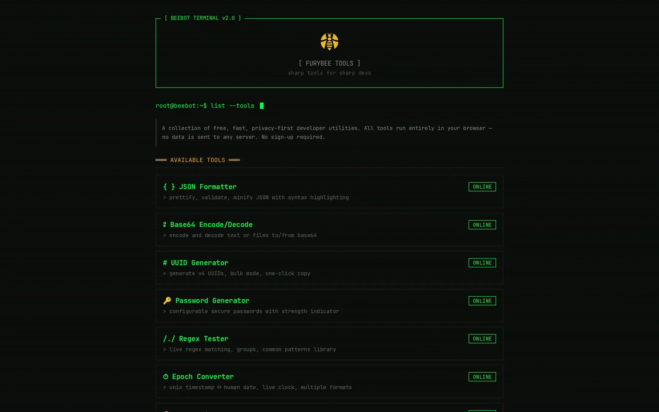 FuryBee Tools home page styled as a terminal listing the available tools