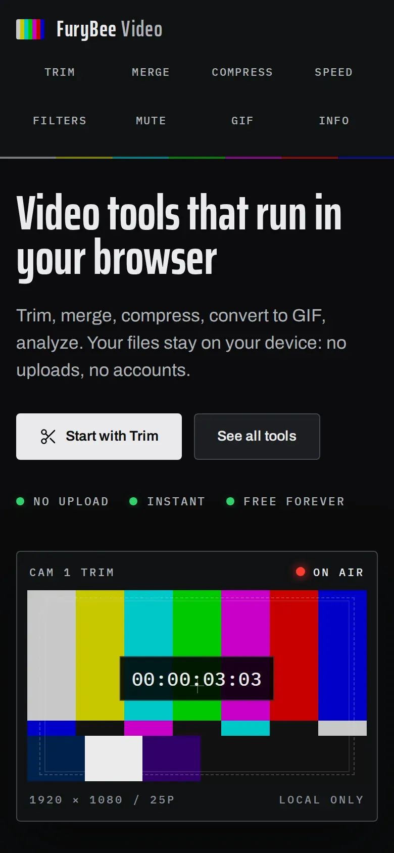 FuryBee Video home page with a test-card preview and the tool list