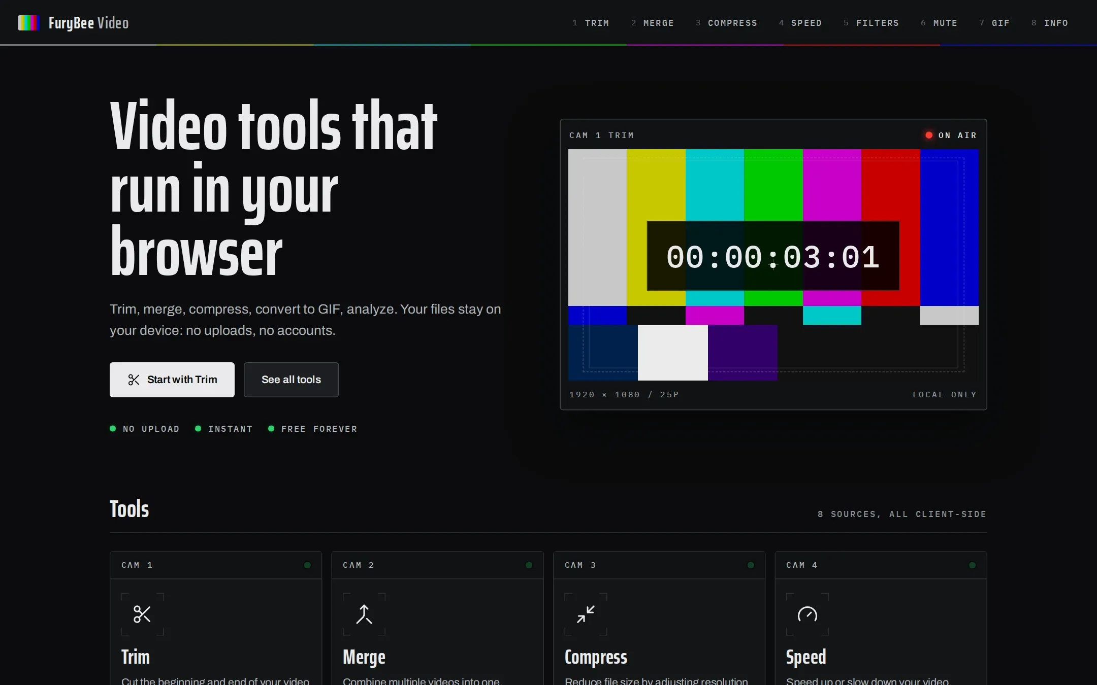 FuryBee Video home page with a test-card preview and the tool list