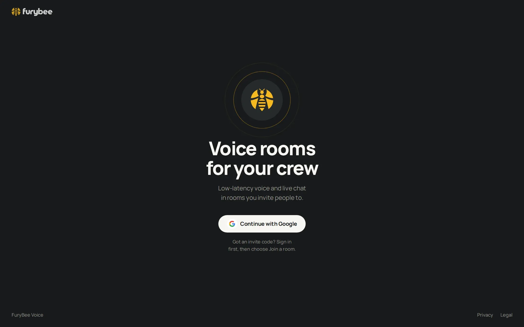 FuryBee Voice sign-in page: "Voice rooms for your crew"