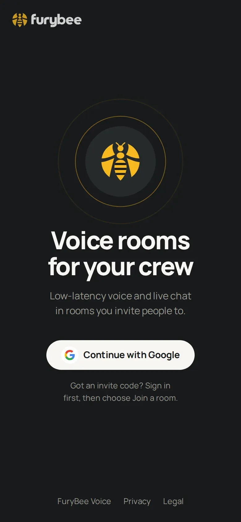 FuryBee Voice sign-in page: "Voice rooms for your crew"